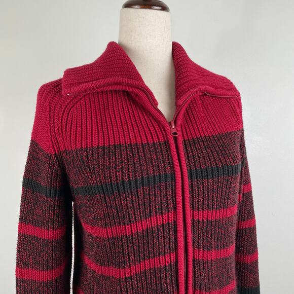 90s Vintage Carolyn Taylor Chunky Full Zip Cardigan Sweater Striped Red Black S - Picture 3 of 16